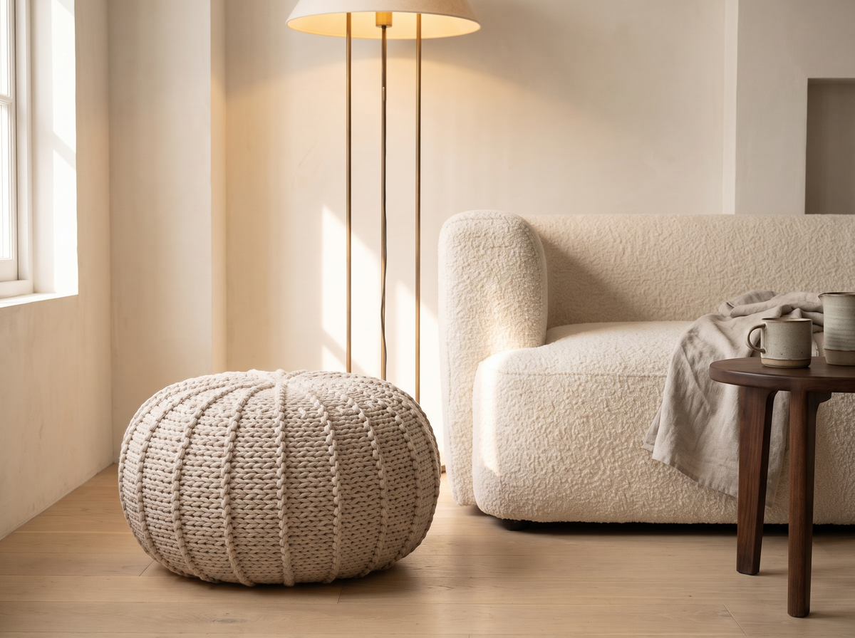 Wren Knitted Pouf styled in a room