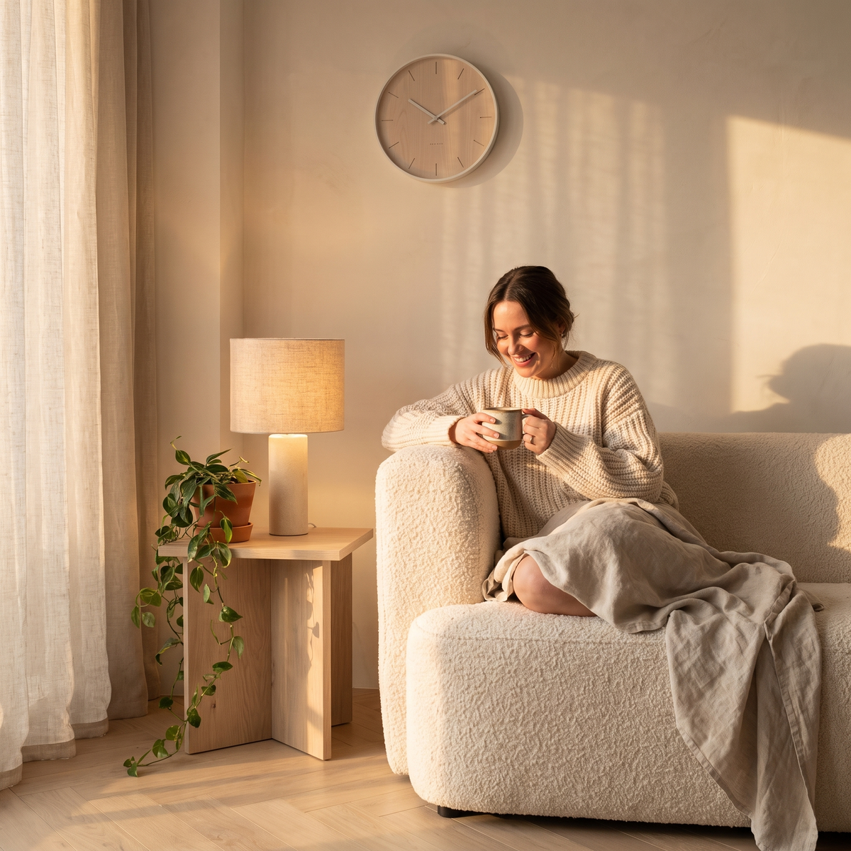 Woman relaxing at home on a cream boucle sofa beside a CasaQuip table lamp, oak side table and wall clock