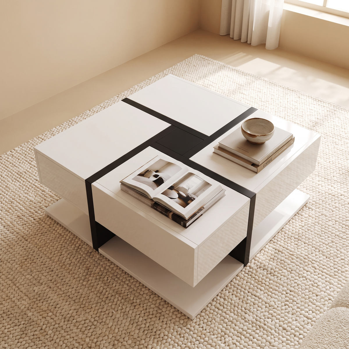 Arlo Gloss Coffee Table seen from above showing the black cross on the white top