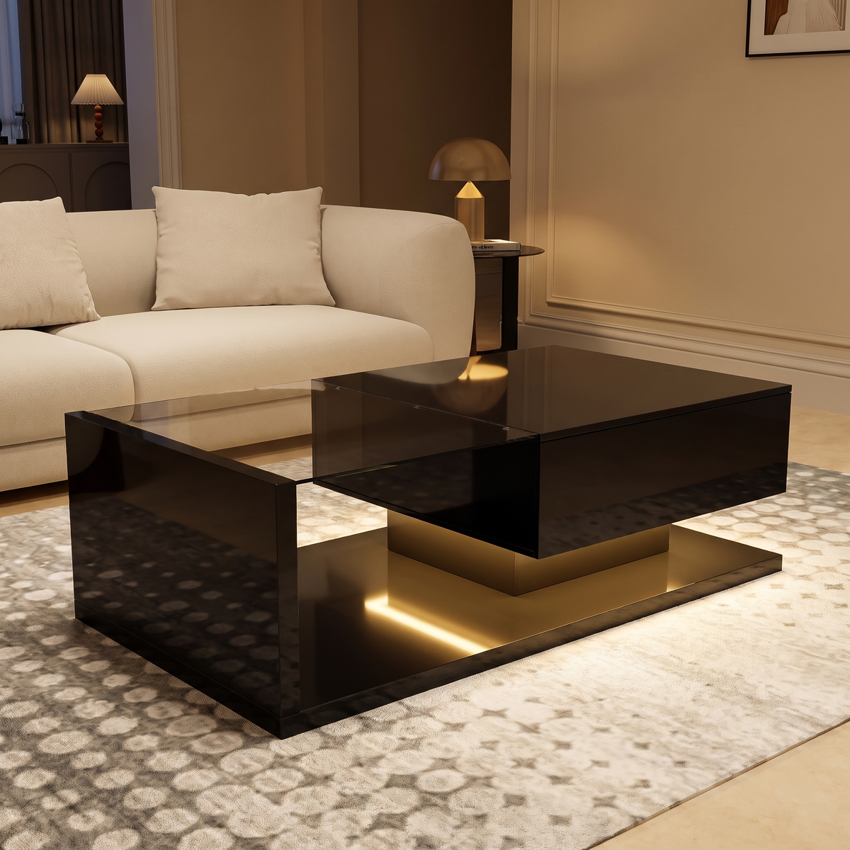 Onyx Glass LED Coffee Table with the LED glowing warm in the evening