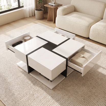Arlo Gloss Coffee Table with two drawers pulled out on different sides