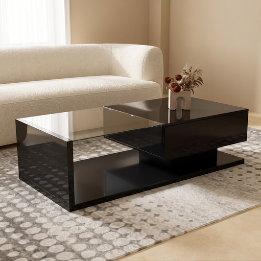 Onyx Glass LED Coffee Table in black high gloss with a clear glass top