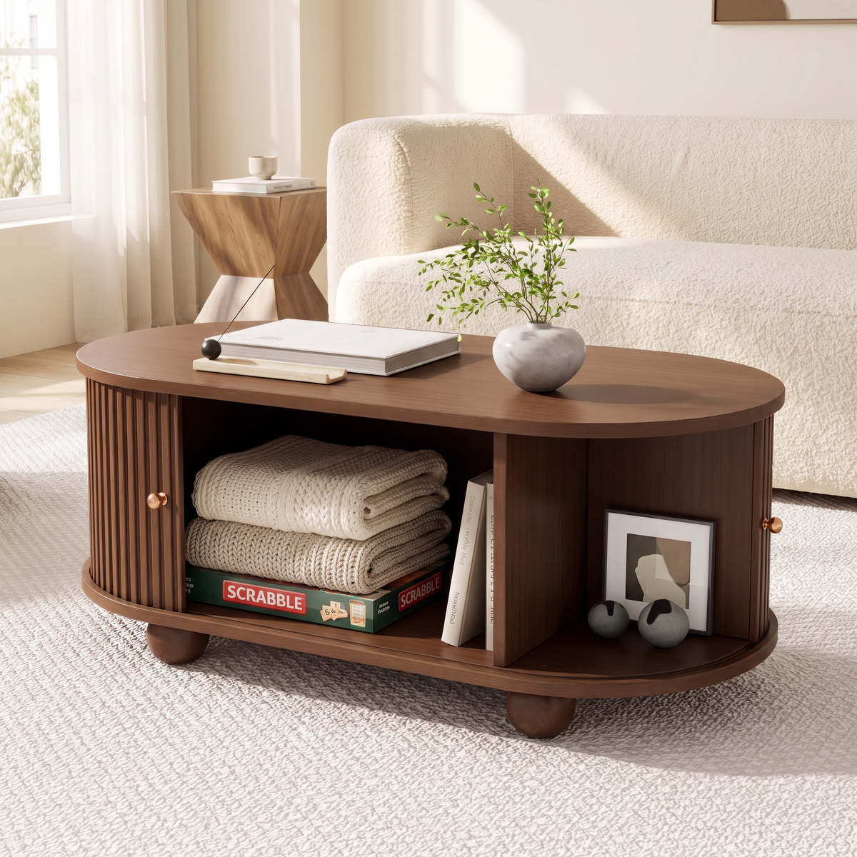 Hollis Fluted Coffee Table with a sliding door open showing storage