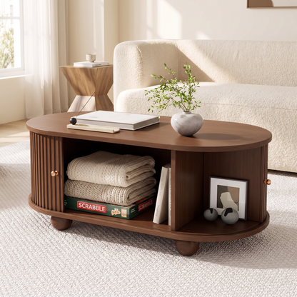 Hollis Fluted Coffee Table with a sliding door open showing storage