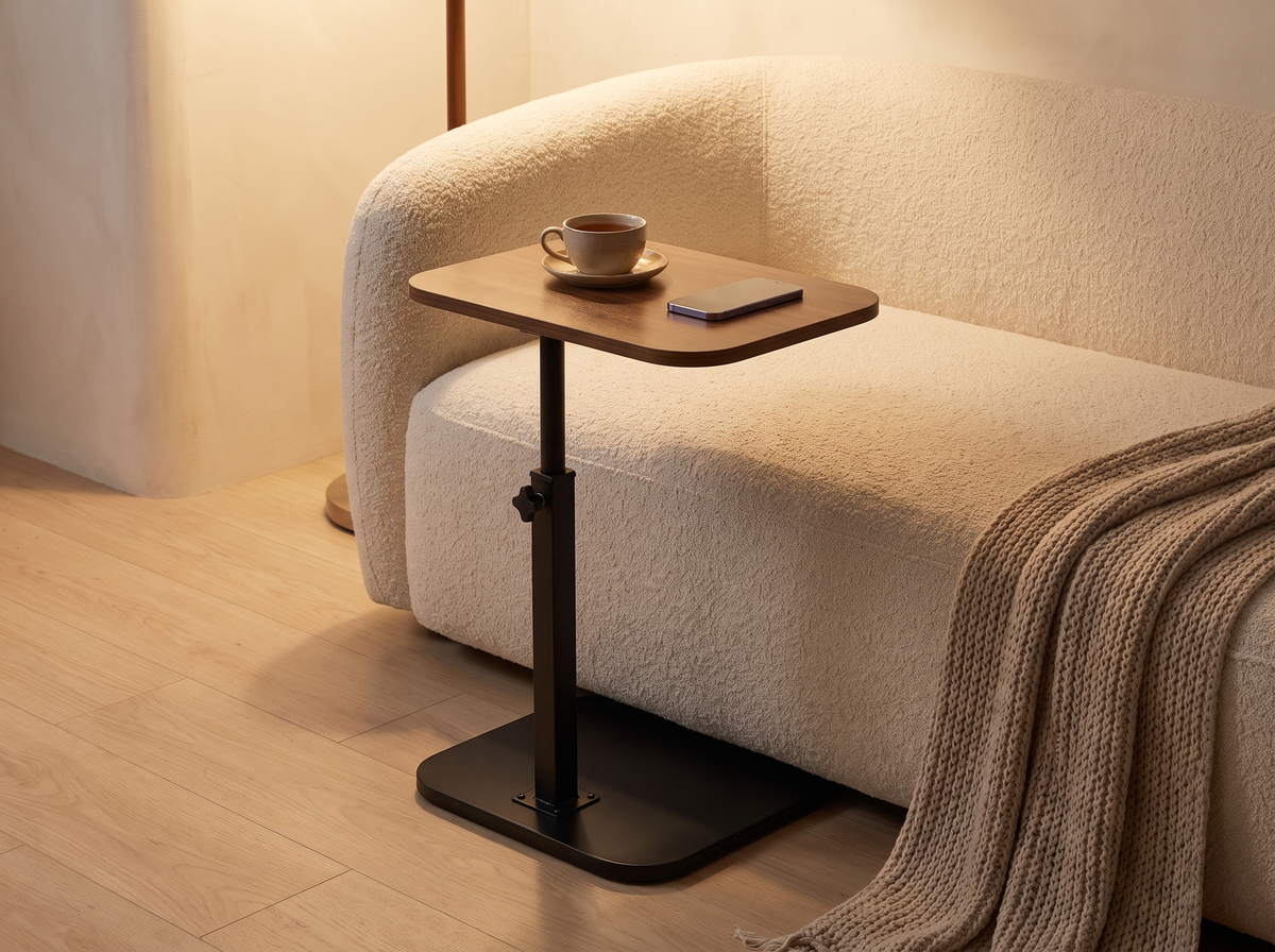 Ezra side table over the sofa seat with tea and a phone