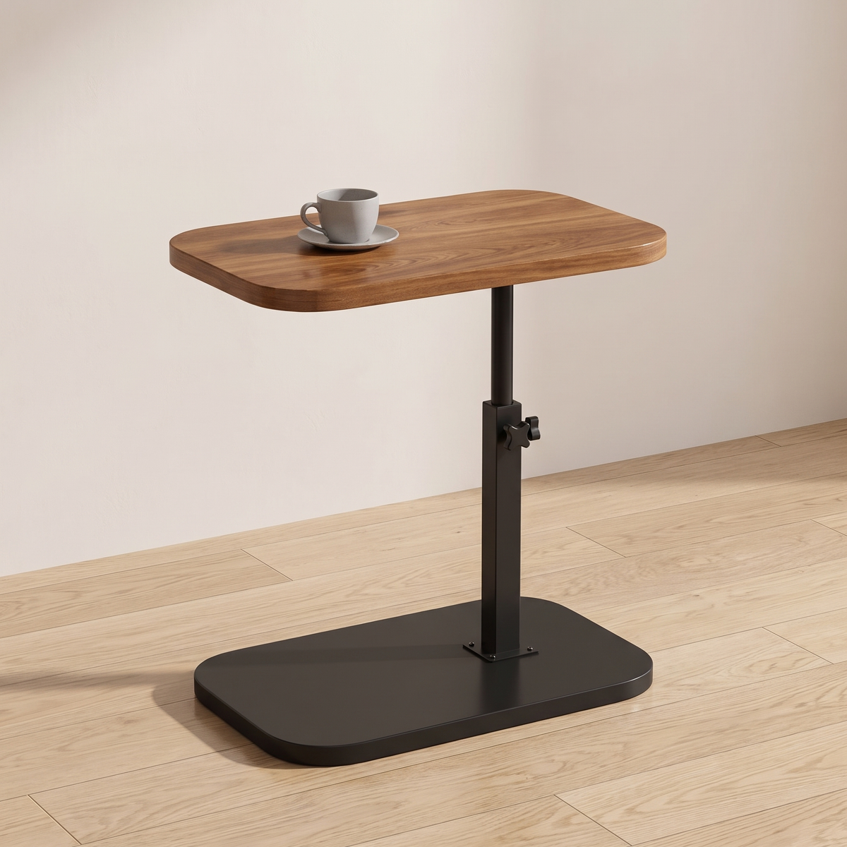Ezra C shaped side table with walnut top and black base