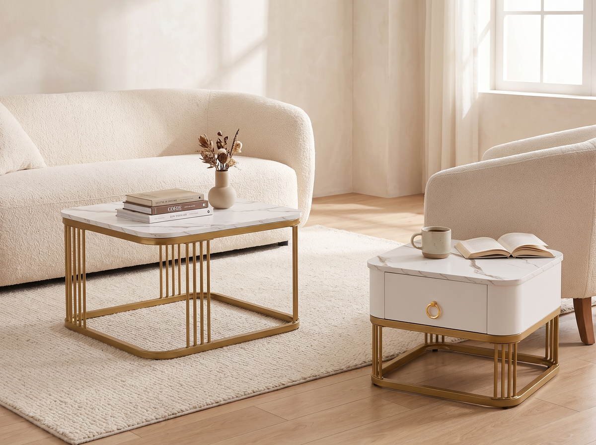 Seren tables used apart, the small one beside an armchair