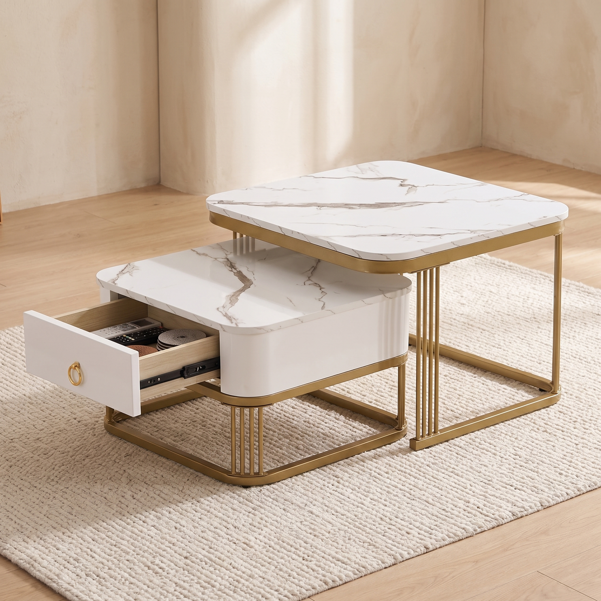 Seren small table with the drawer open