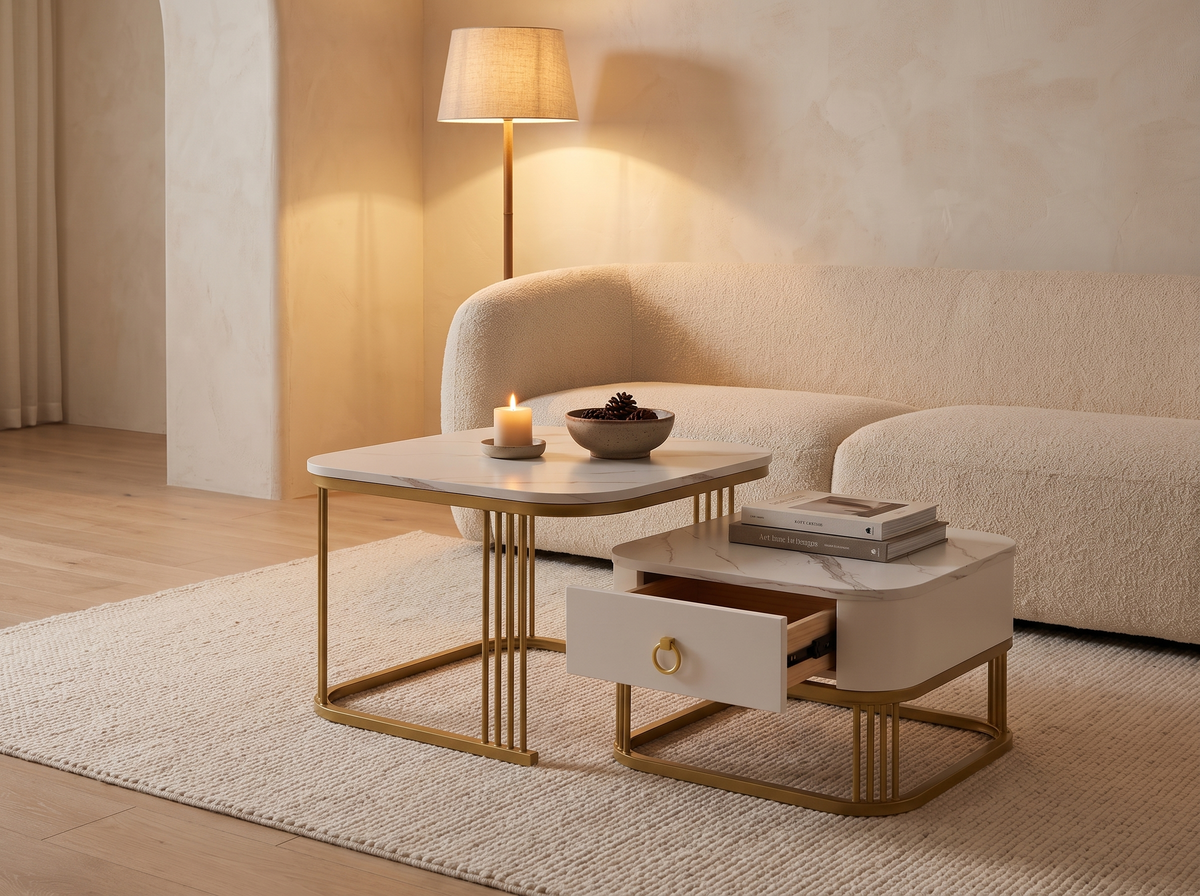 Seren nesting tables in a cosy evening living room