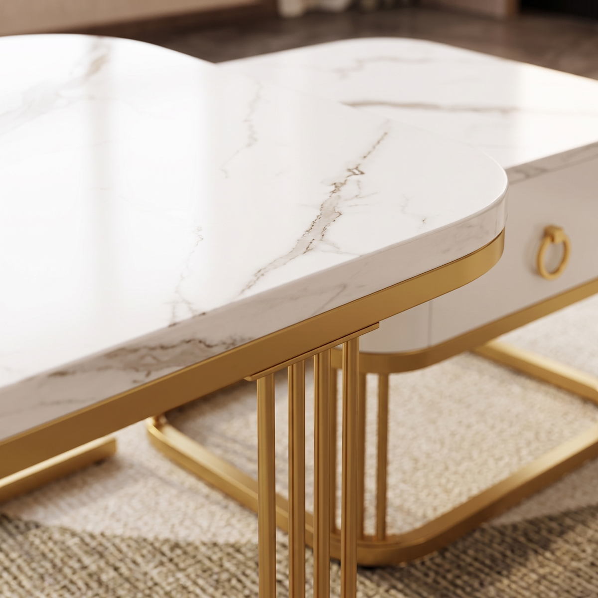 Close up of the marble effect top and gold rod legs
