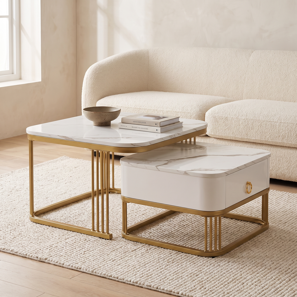 Seren marble effect nesting coffee tables with gold frames in a living room