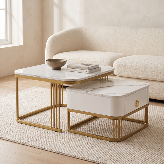 Seren marble effect nesting coffee tables with gold frames in a living room