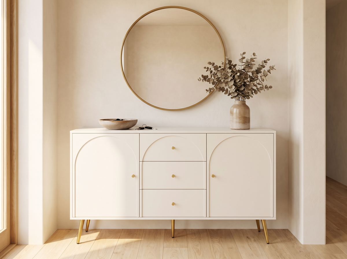 Elodie sideboard in a hallway under a round mirror