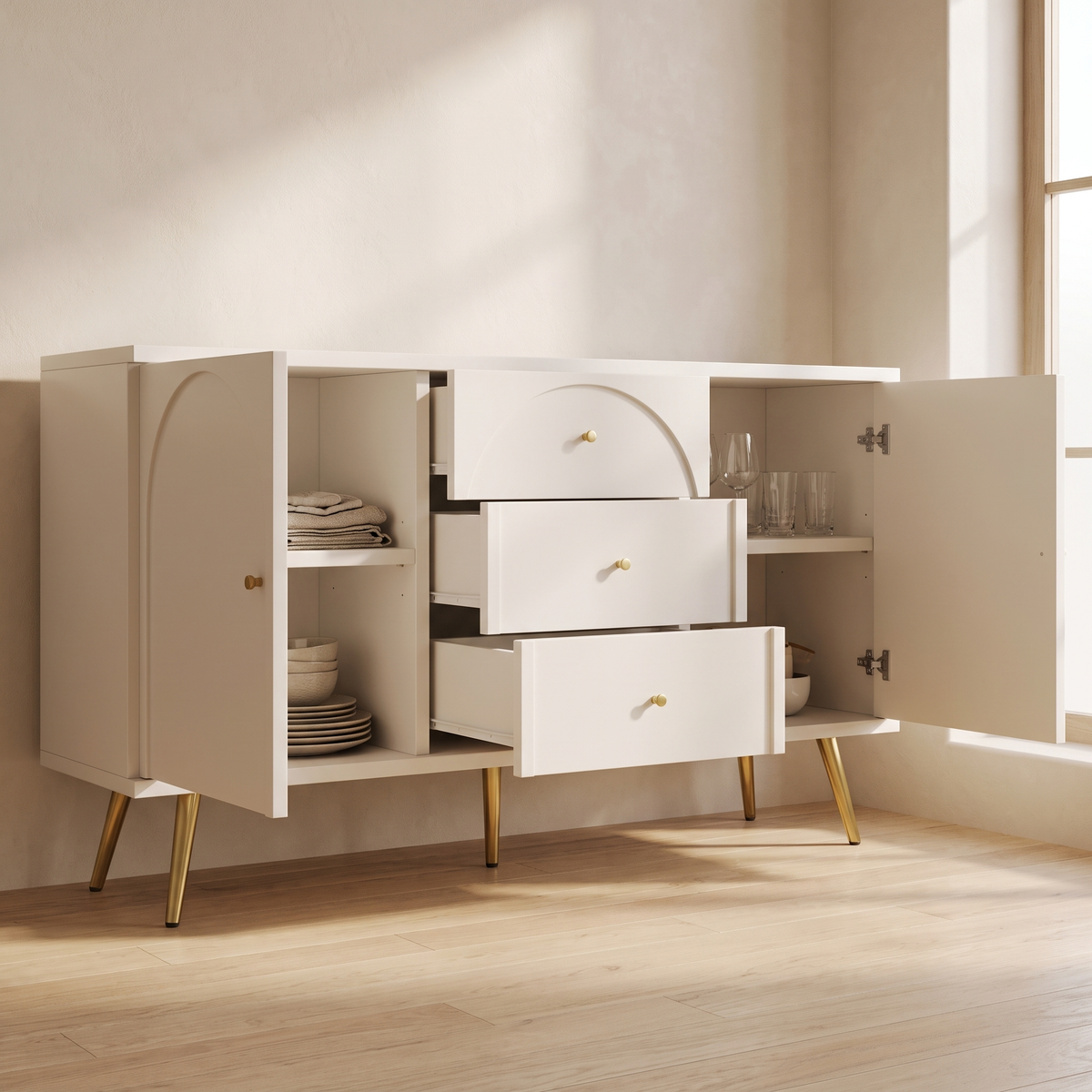 Elodie sideboard with doors and drawers open showing storage