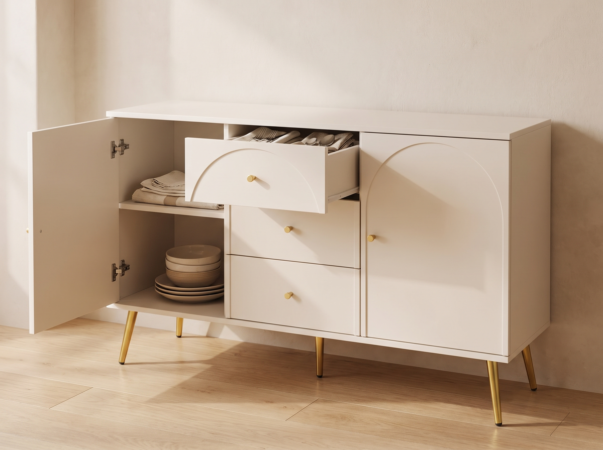 Elodie sideboard with a door and drawer open showing the shelf