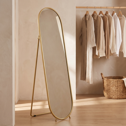 Celia oval mirror on its stand, side view