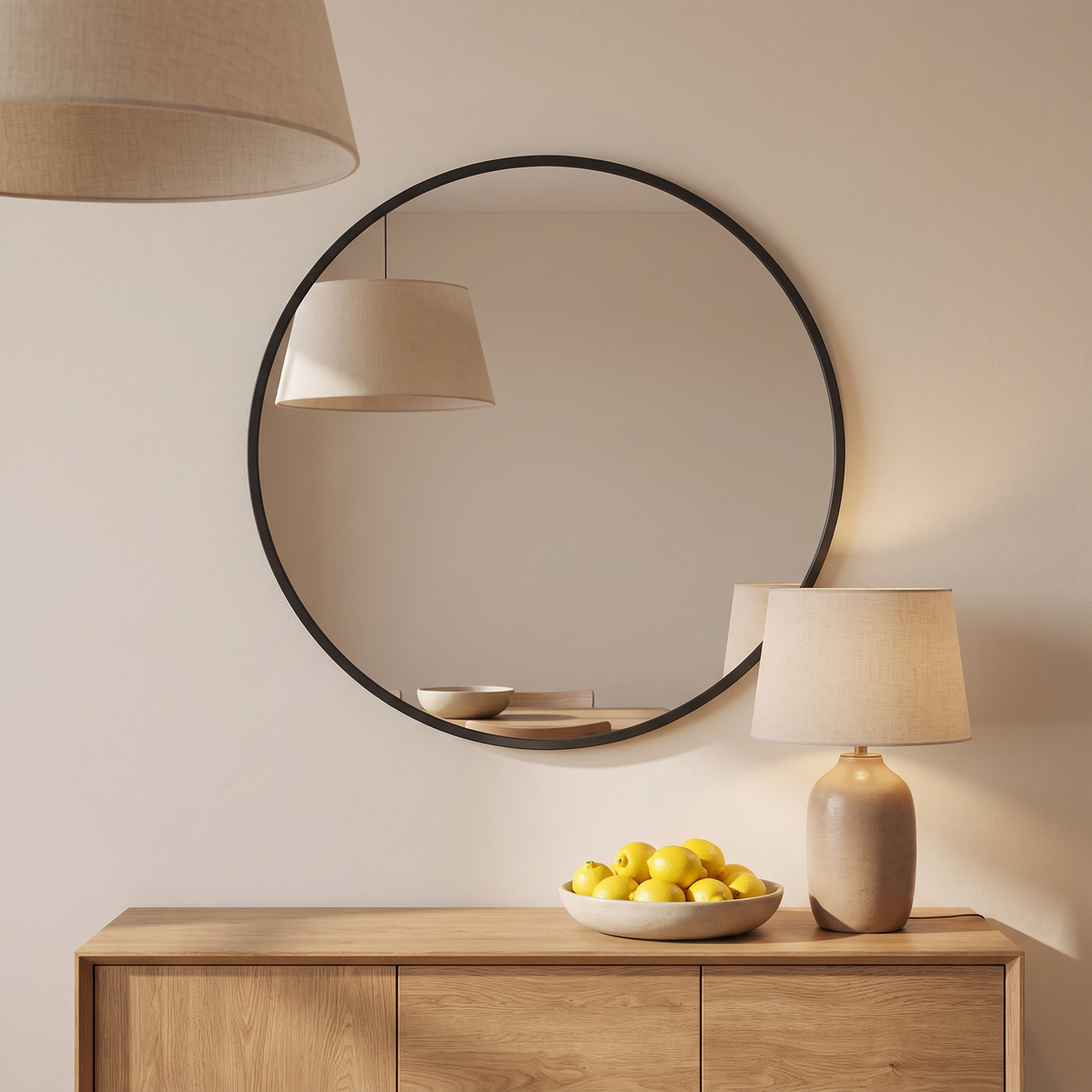Mara round mirror above a dining room sideboard