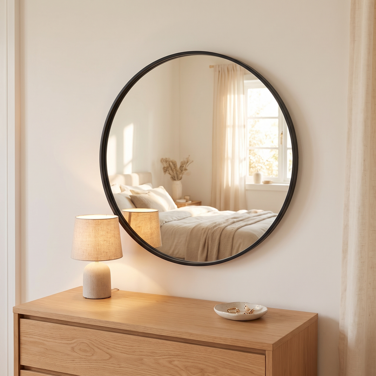 Mara round mirror above a bedroom chest of drawers