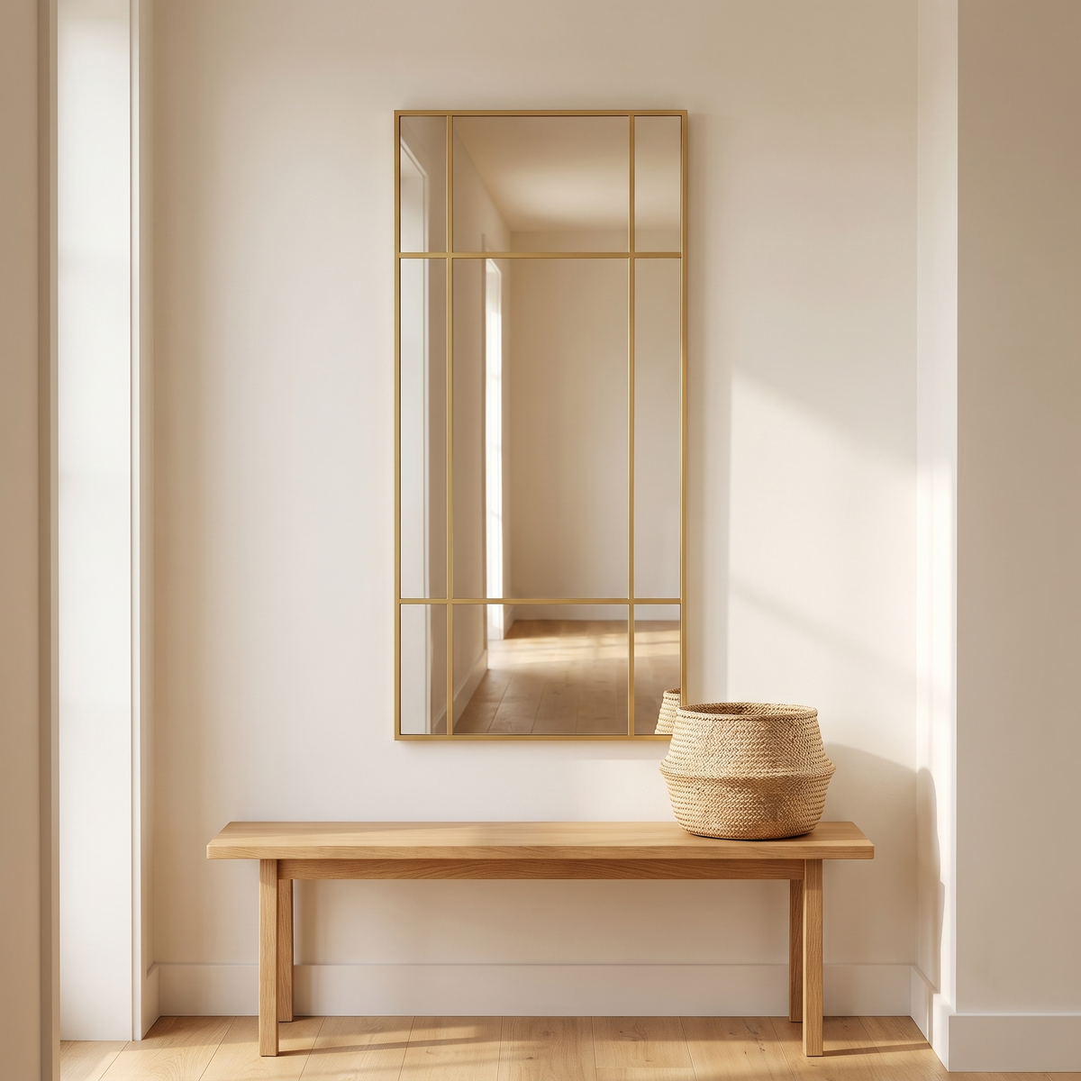 Hartley gold window pane mirror hung upright in a hallway