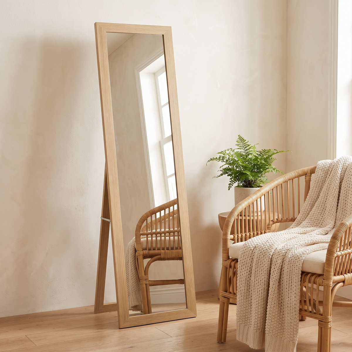 Hazel natural wood effect full length mirror in a bedroom