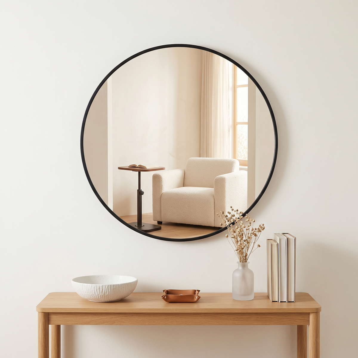 Mara round black wall mirror above a hallway console