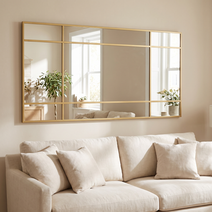 Hartley window pane mirror hung landscape above a sofa