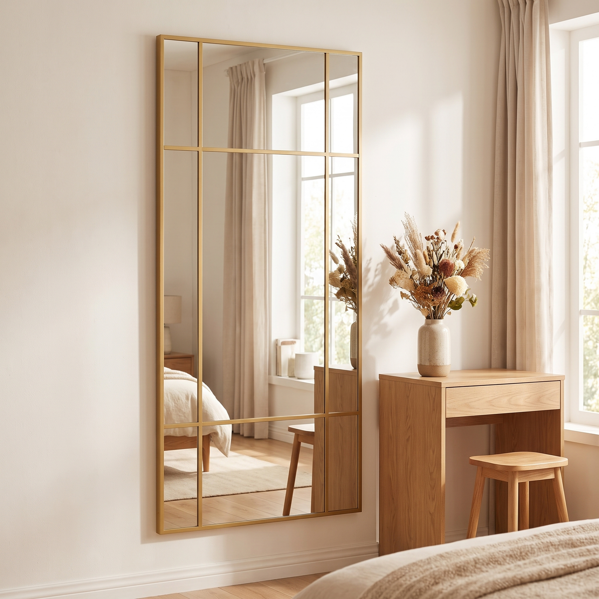 Hartley window pane mirror in a bedroom