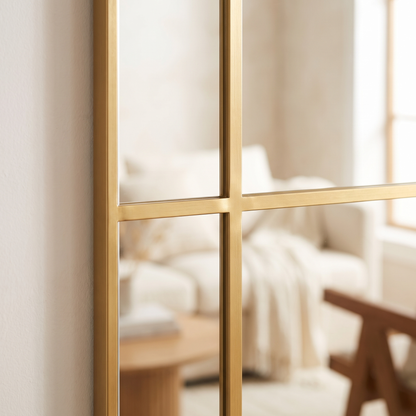 Close up of the gold window pane bars