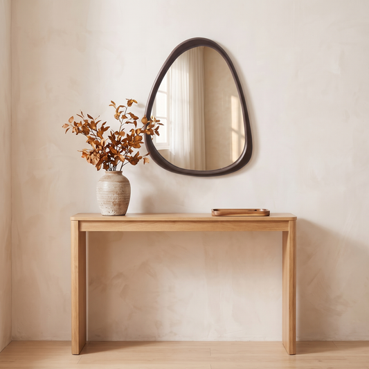 Isla brown pebble wooden wall mirror above a console