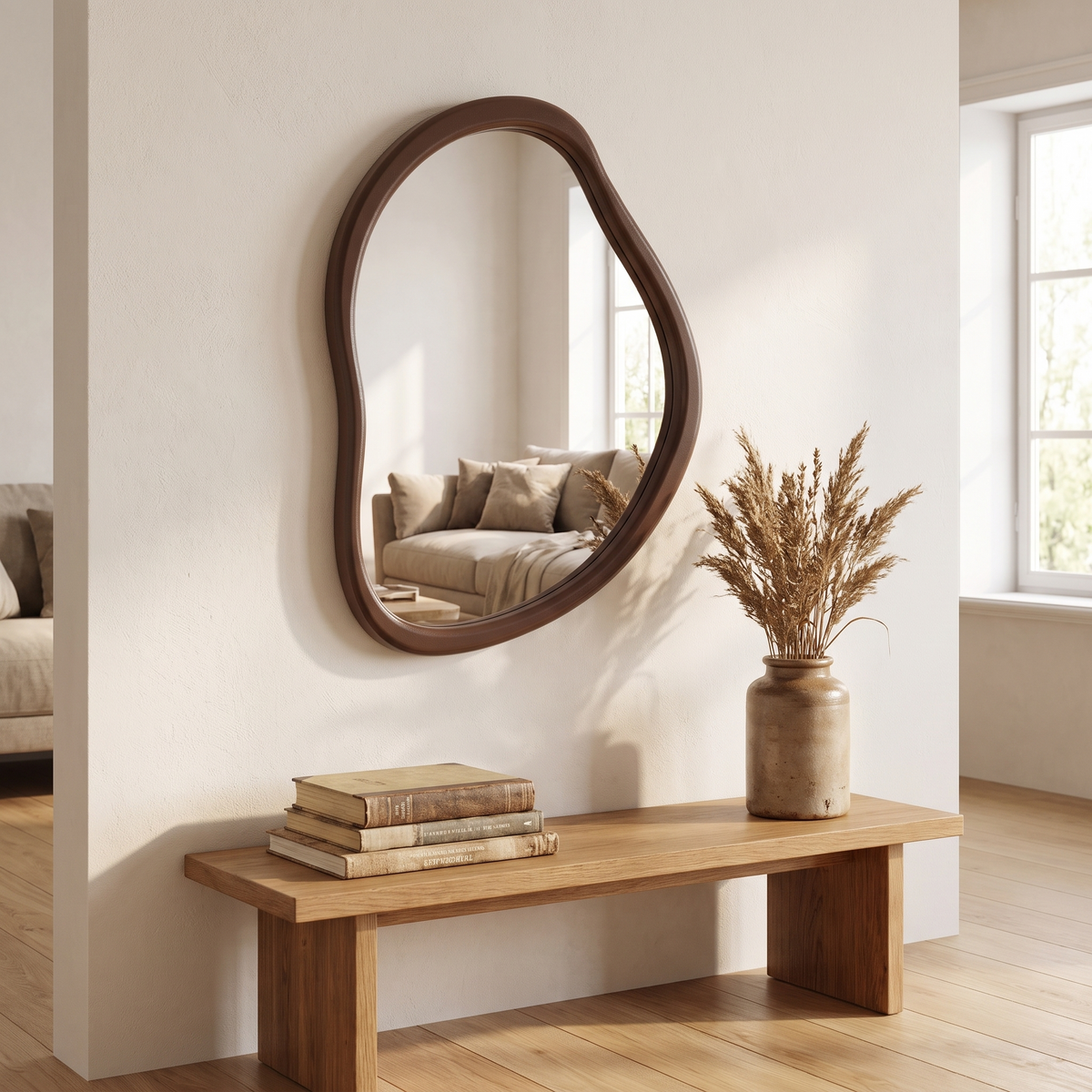 Nils irregular mirror above a living room bench